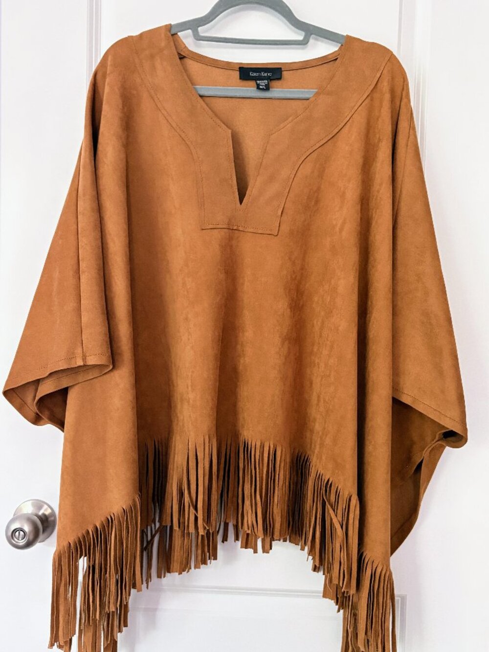 Karen Kane Faux Suede Fringe Poncho Top Boho Western M/L Camel Brown